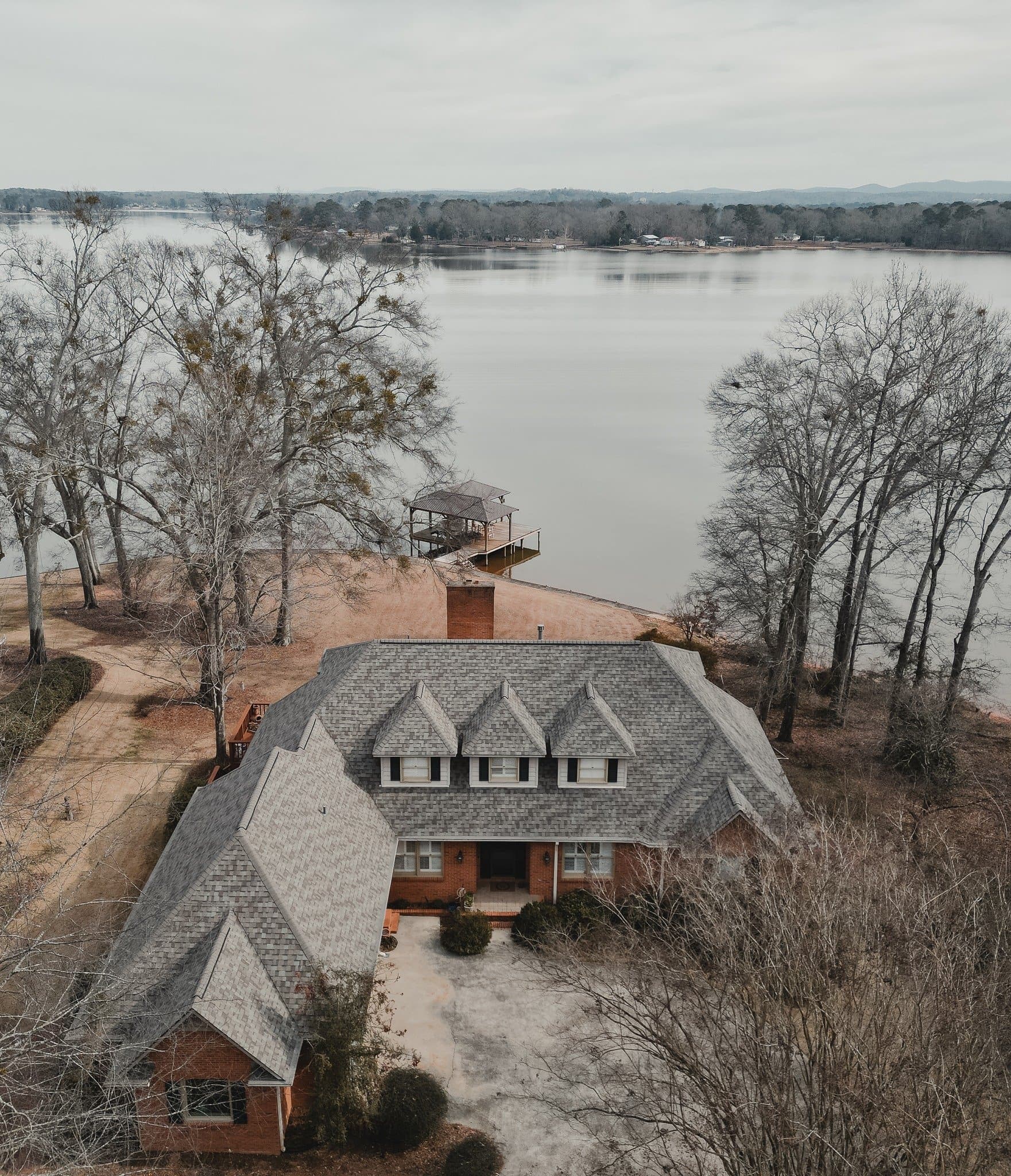 Brick lakefront residence
