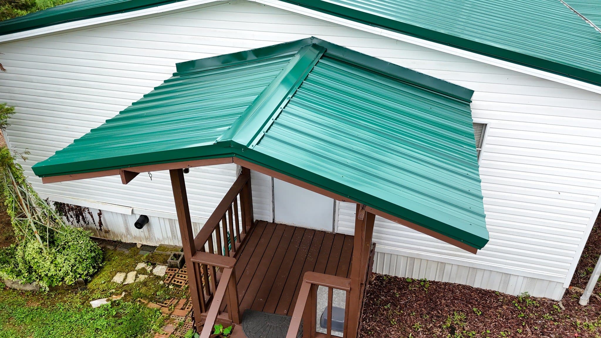 Teal metal porch roof